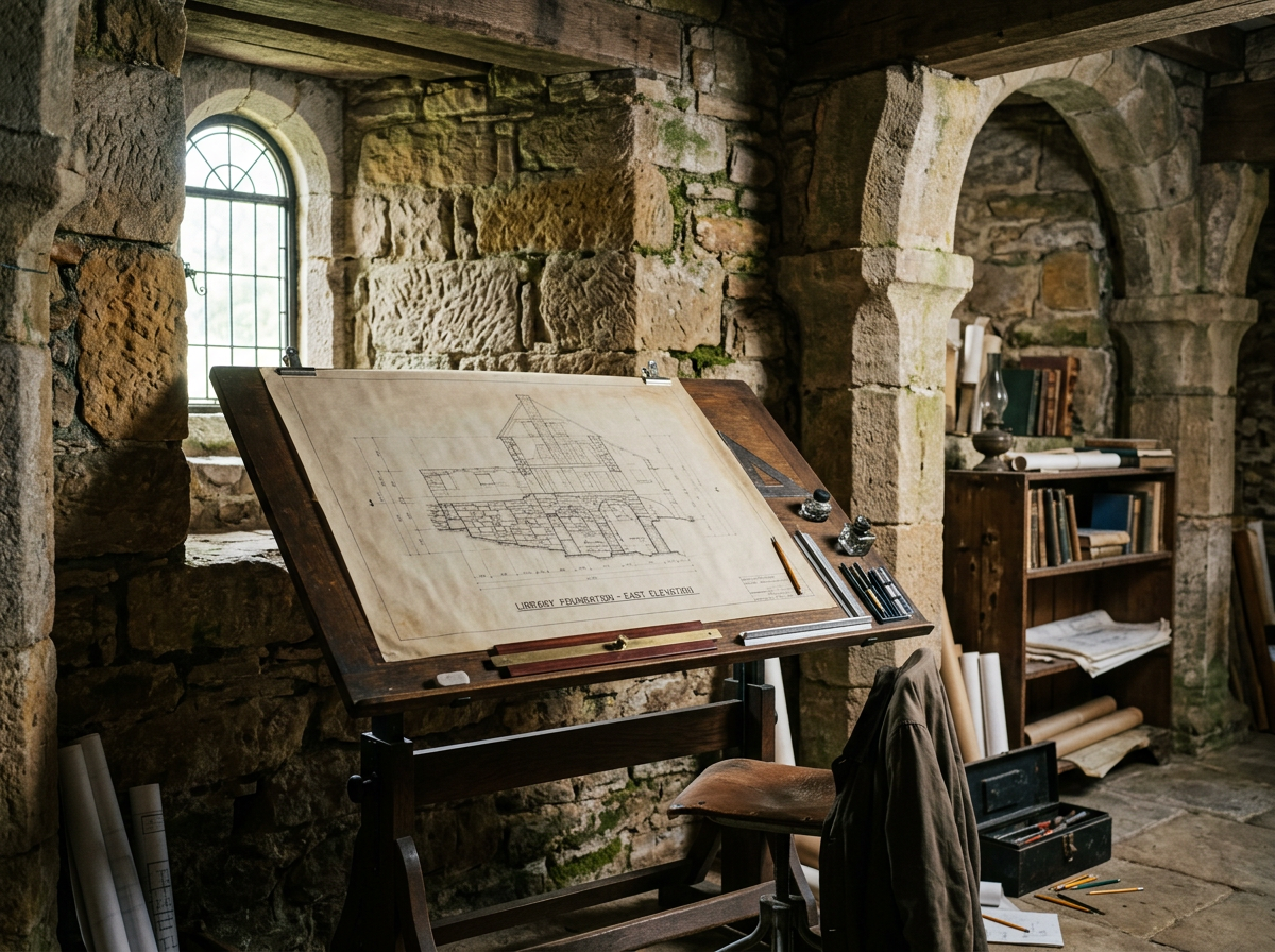 Drafting table with architectural blueprint in historic stone workspace