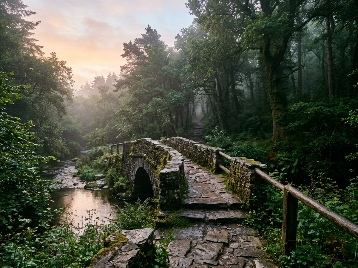 Stone bridge over river surrounded by dense green forest and morning mist