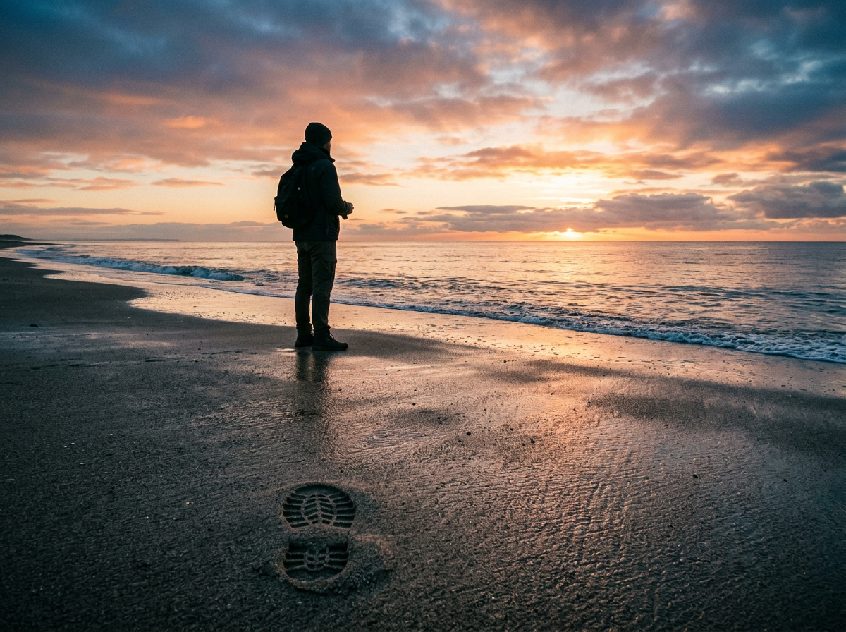 Person standing on beach near ocean during sunset with footprints in sand