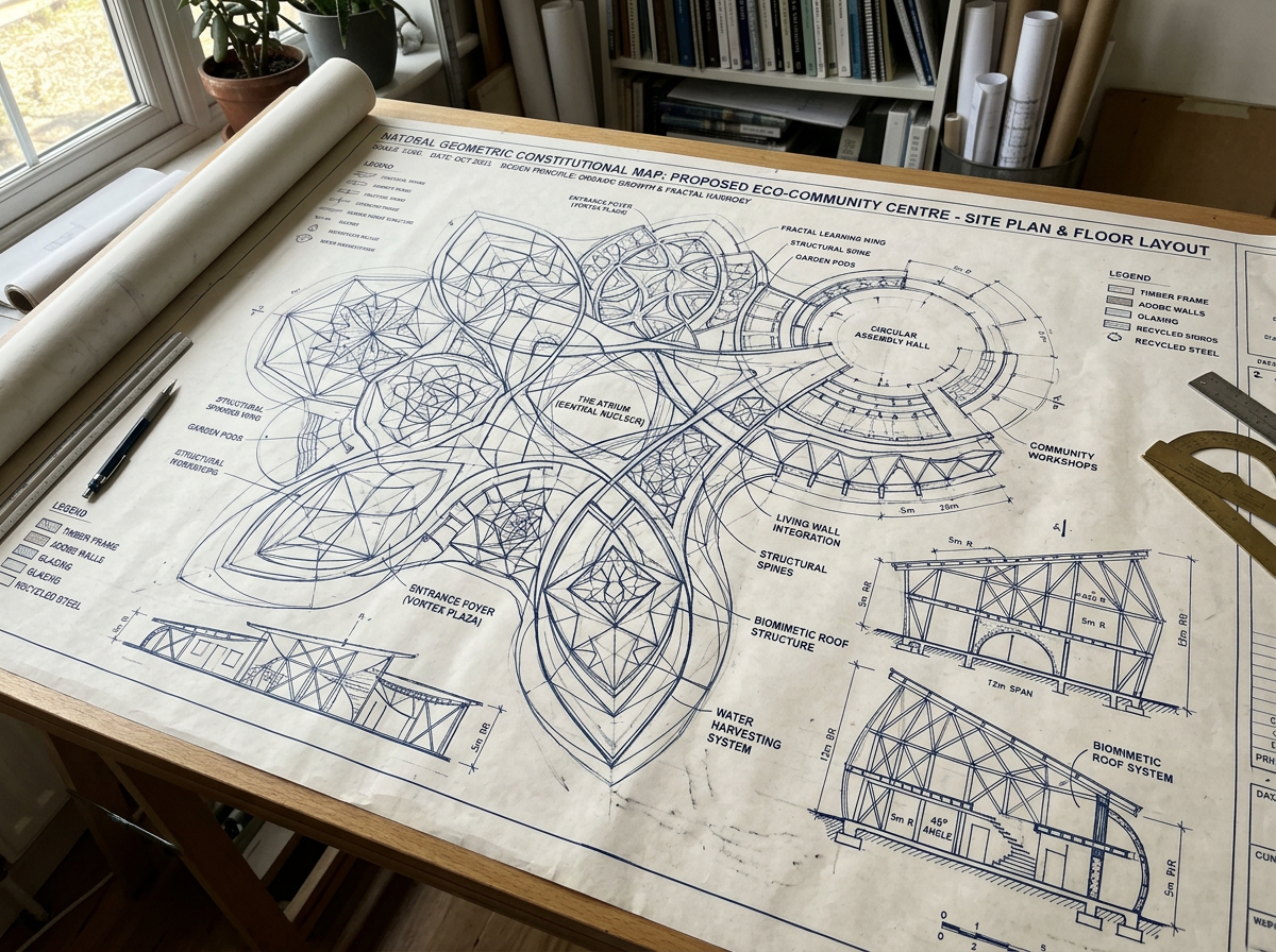 Blueprint of proposed eco-community centre with geometric site plan and floor layout