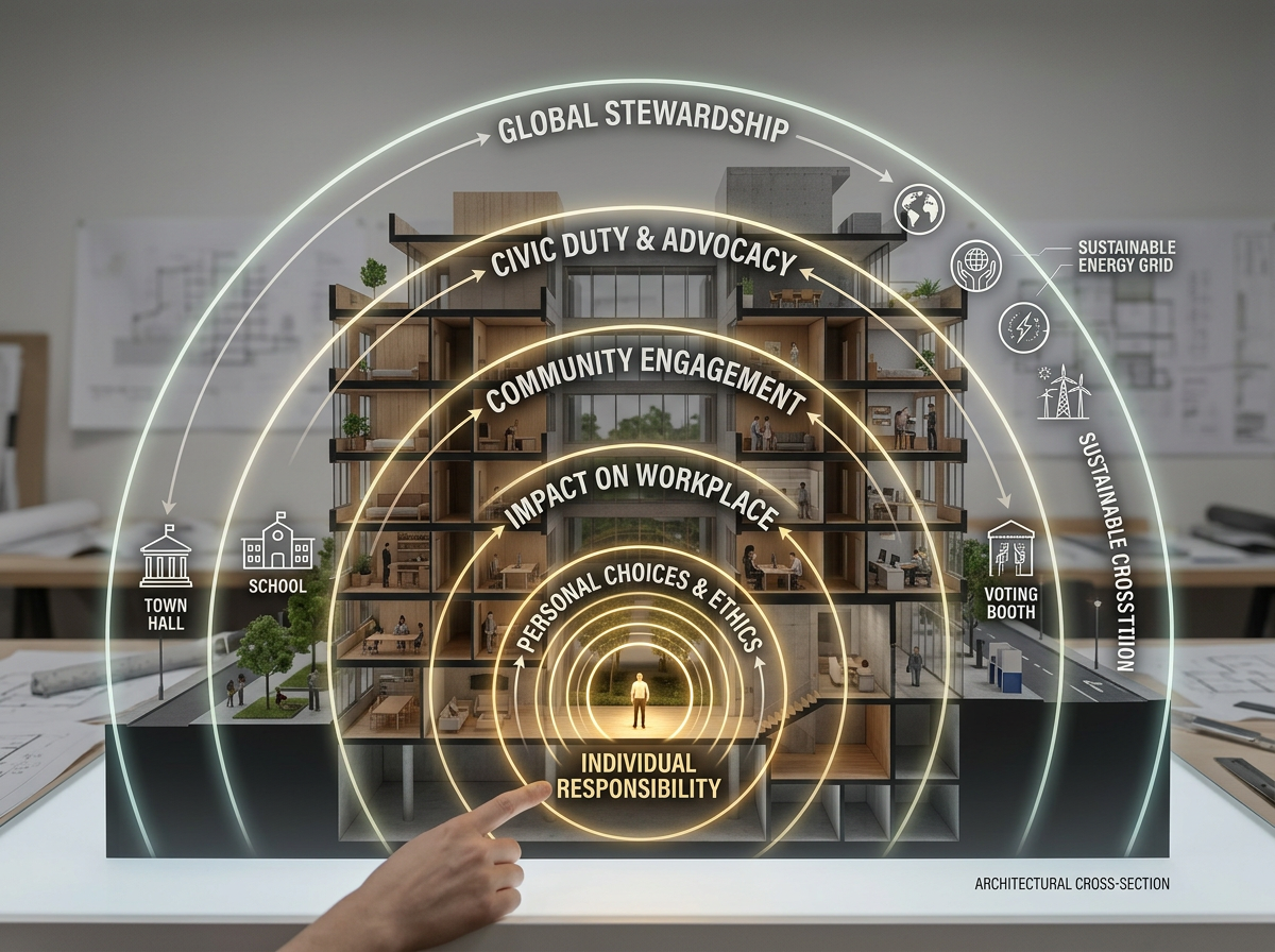 Architectural cross-section model showing concentric layers of responsibility from individual to global stewardship.
