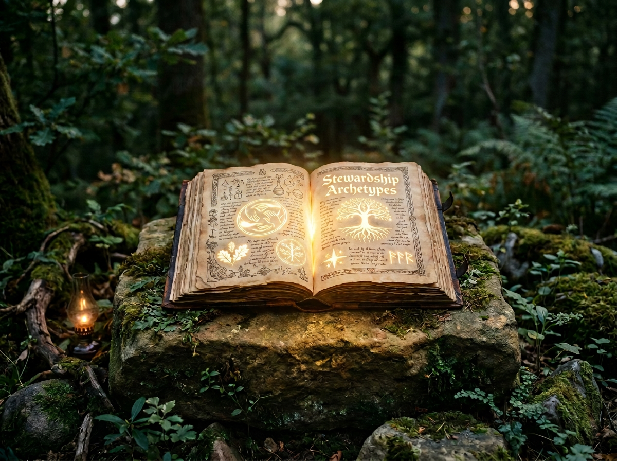 Ancient open book glowing on moss-covered stone in forest