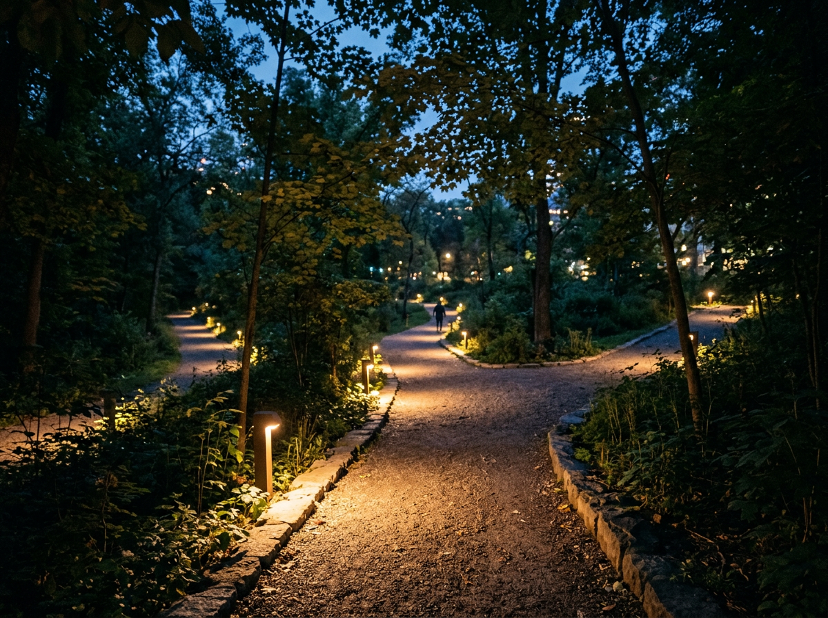 Forest pathway splitting into three lit trails surrounded by trees at dusk