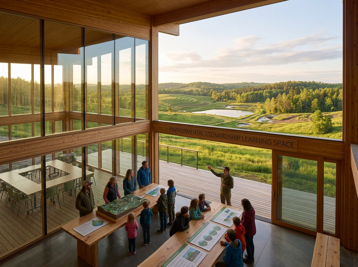 People gathered inside an environmental learning space with educational displays and a scenic outdoor landscape
