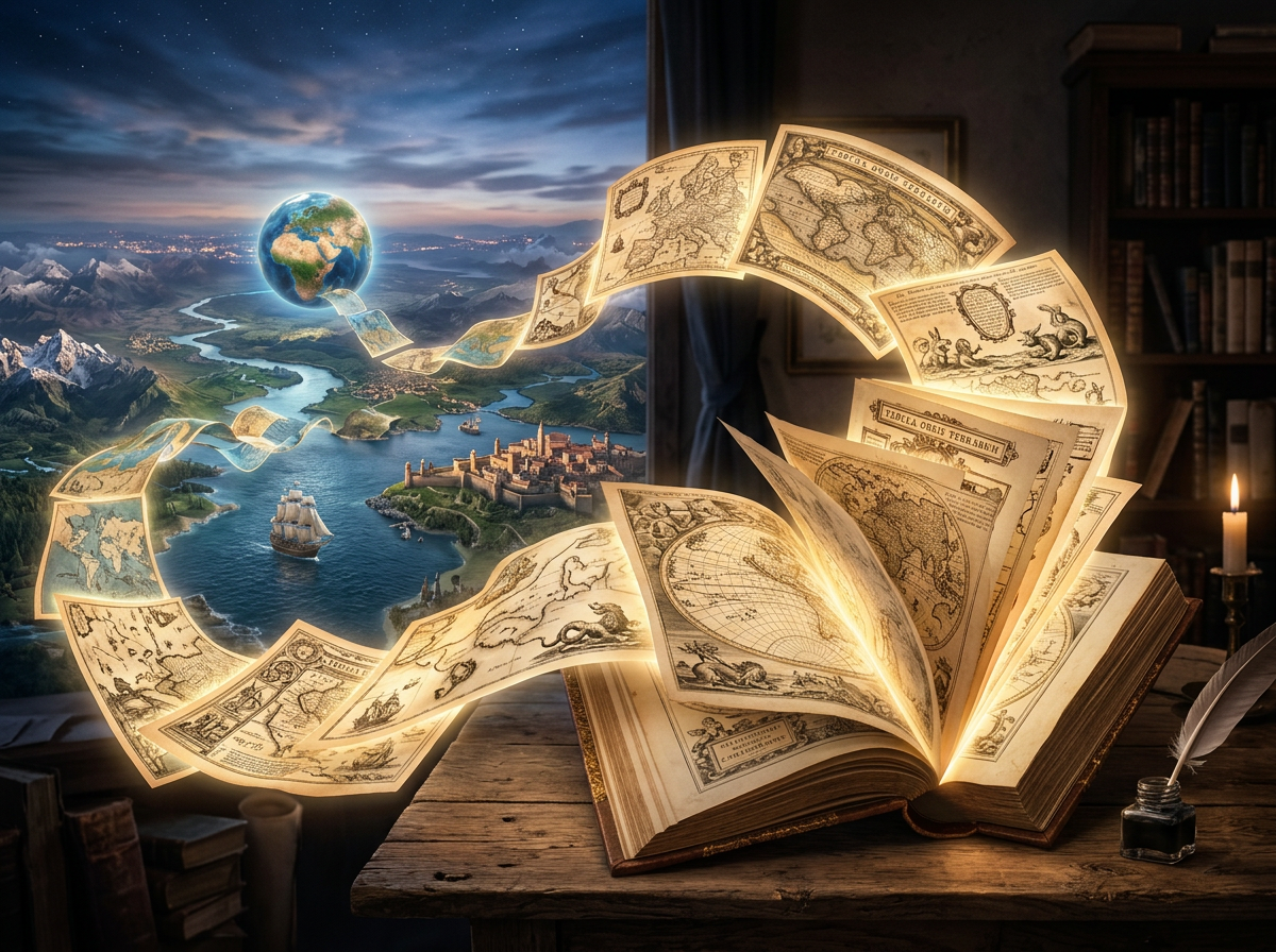 Open book with glowing old maps floating out and leading to a globe above a river landscape with mountains and a sailing ship.