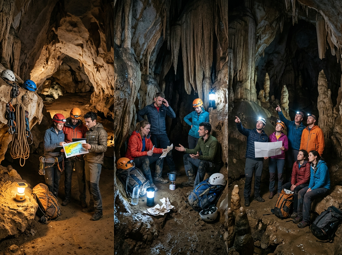 Group of cave explorers with helmets and headlamps studying maps inside a cave with stalactites and stalagmites