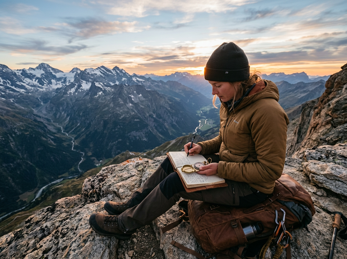 Person sitting on rocky mountain ledge writing in journal with compass in hand at sunset