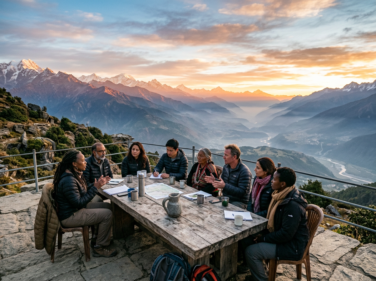 Seven people sitting around a wooden table outdoors with mountains in the background