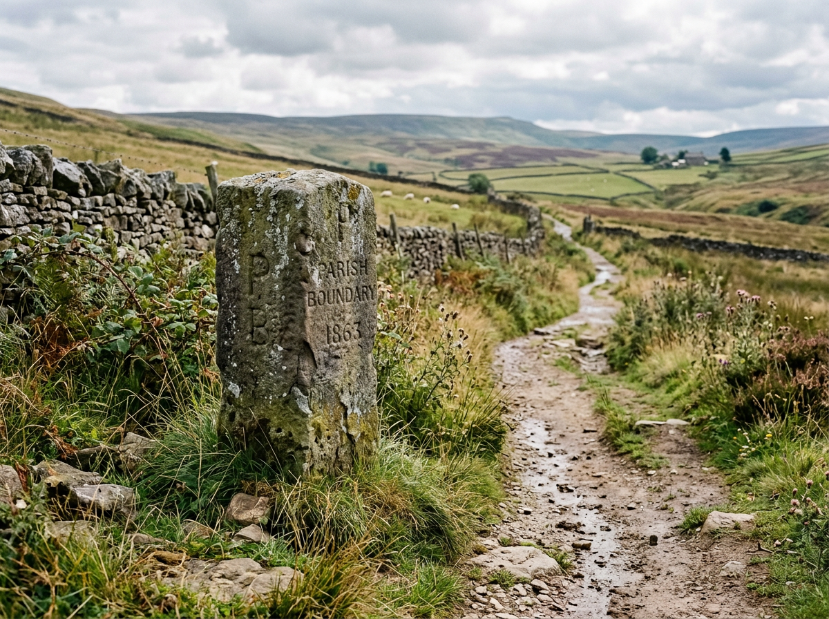 Stone marker with inscription 'Parish Boundary 1863' alongside a rural dirt path and dry stone walls