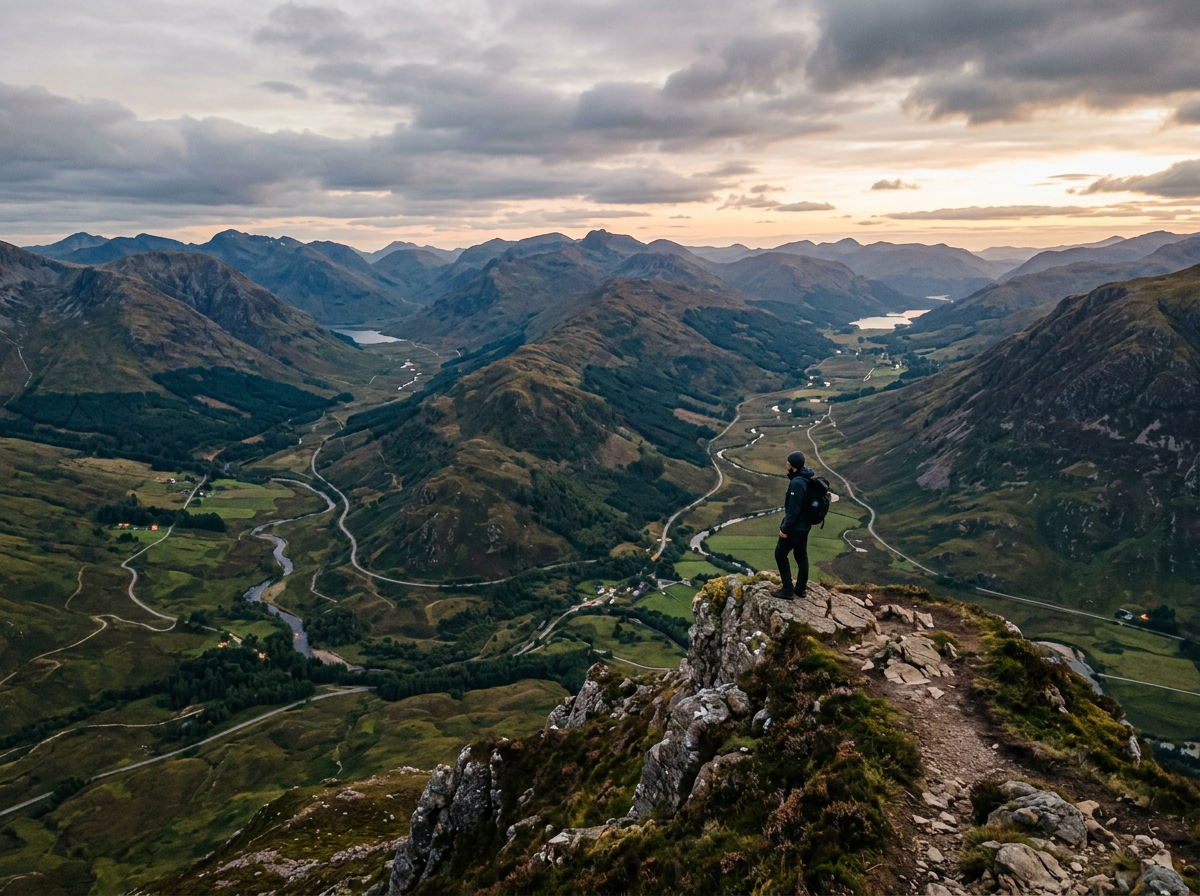 Hiker standing on rock overlooking expansive mountainous valley with winding rivers