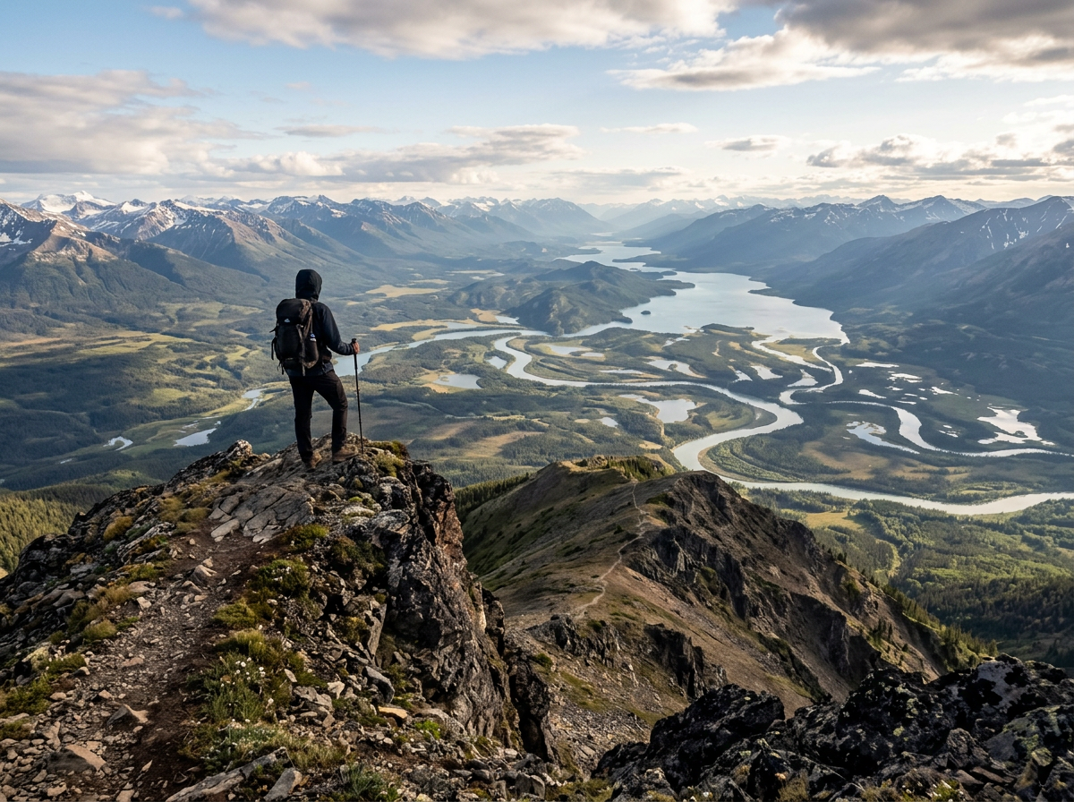 Hiker standing on rocky mountain summit overlooking valley and rivers