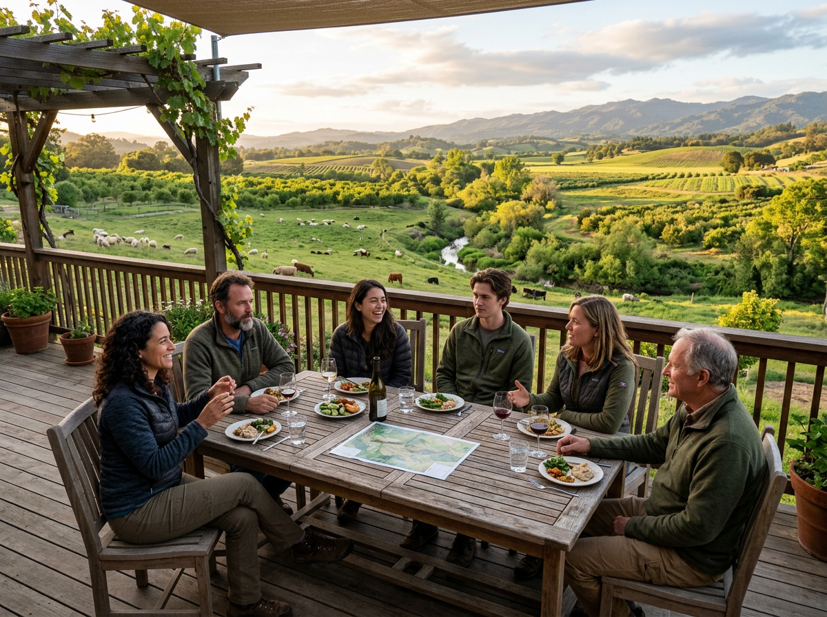 Group of six people sitting around outdoor wooden table eating and talking with vineyard and rolling hills in background