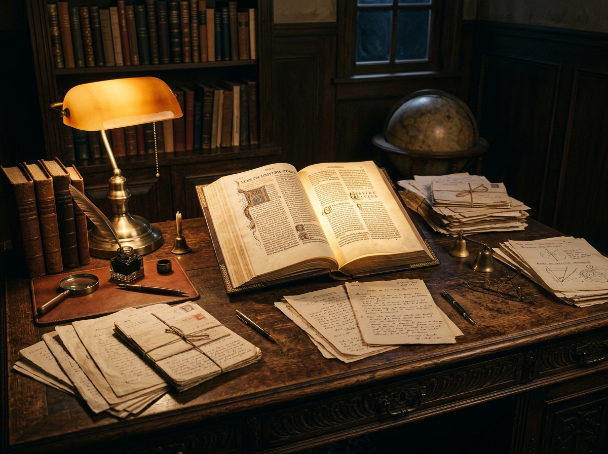 Old wooden desk with open ancient book, stacks of handwritten papers, brass lamp, magnifying glass, and globe