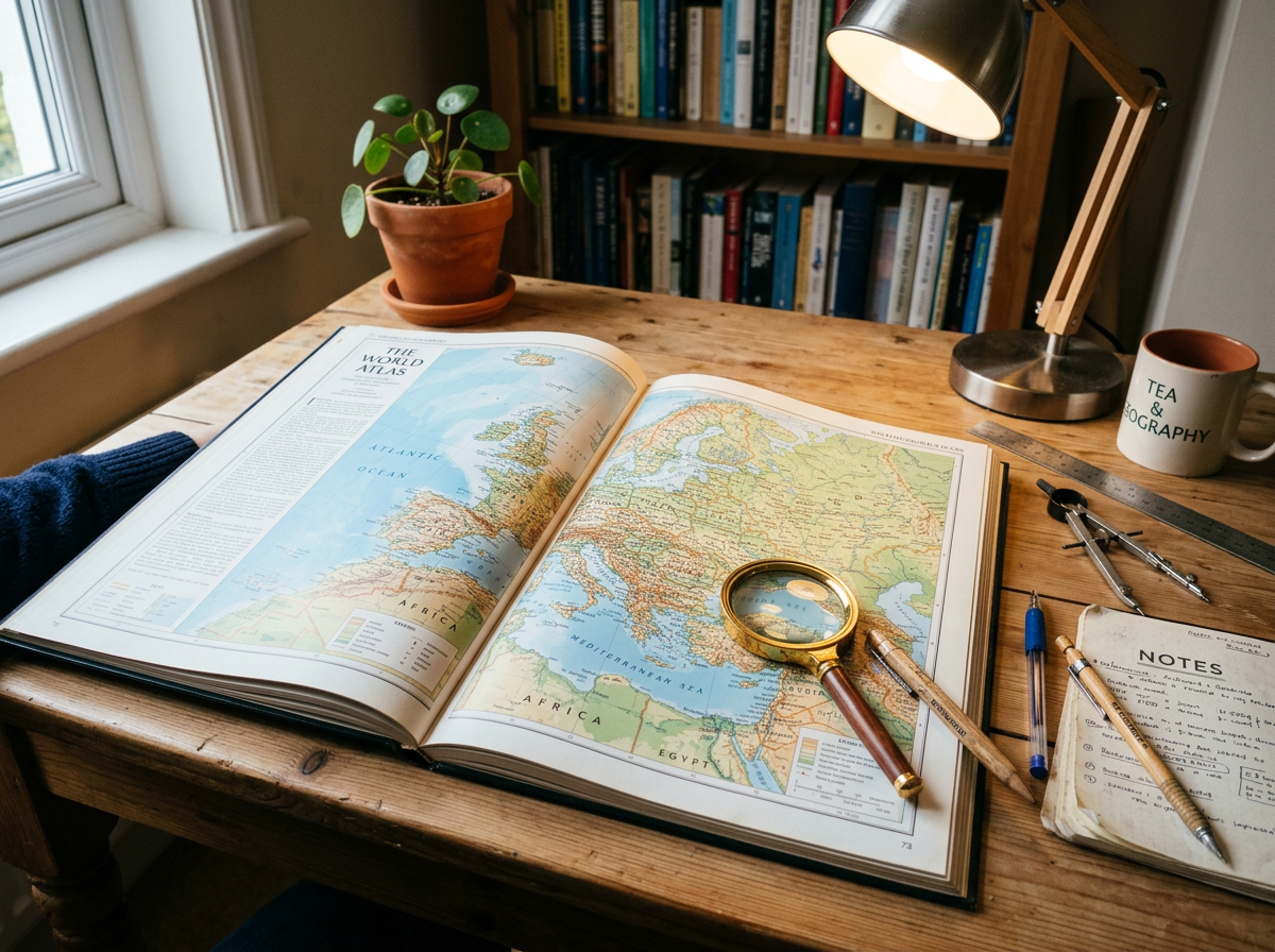 Open world atlas showing Europe and Africa with magnifying glass on a wooden desk