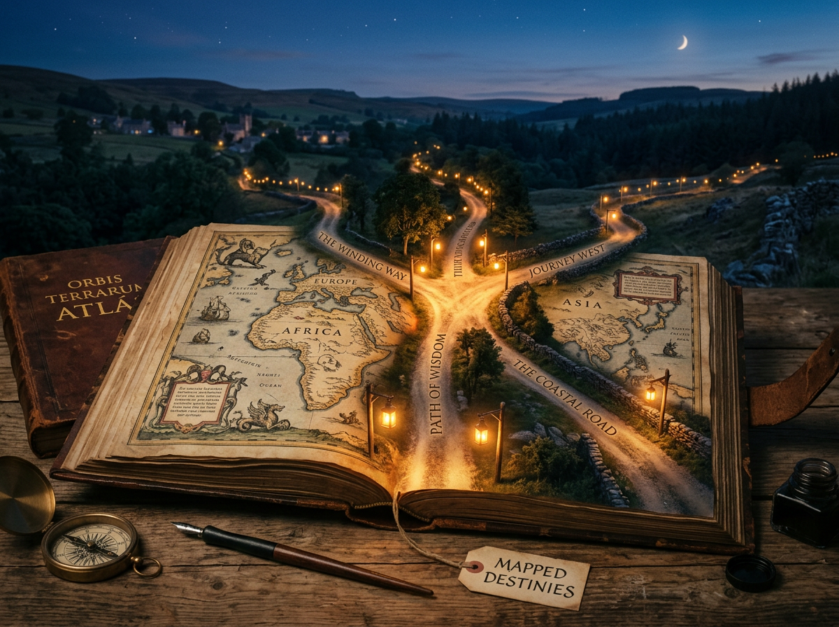 An open antique atlas book with a fantasy map showing continents and illuminated winding paths labeled with destination names