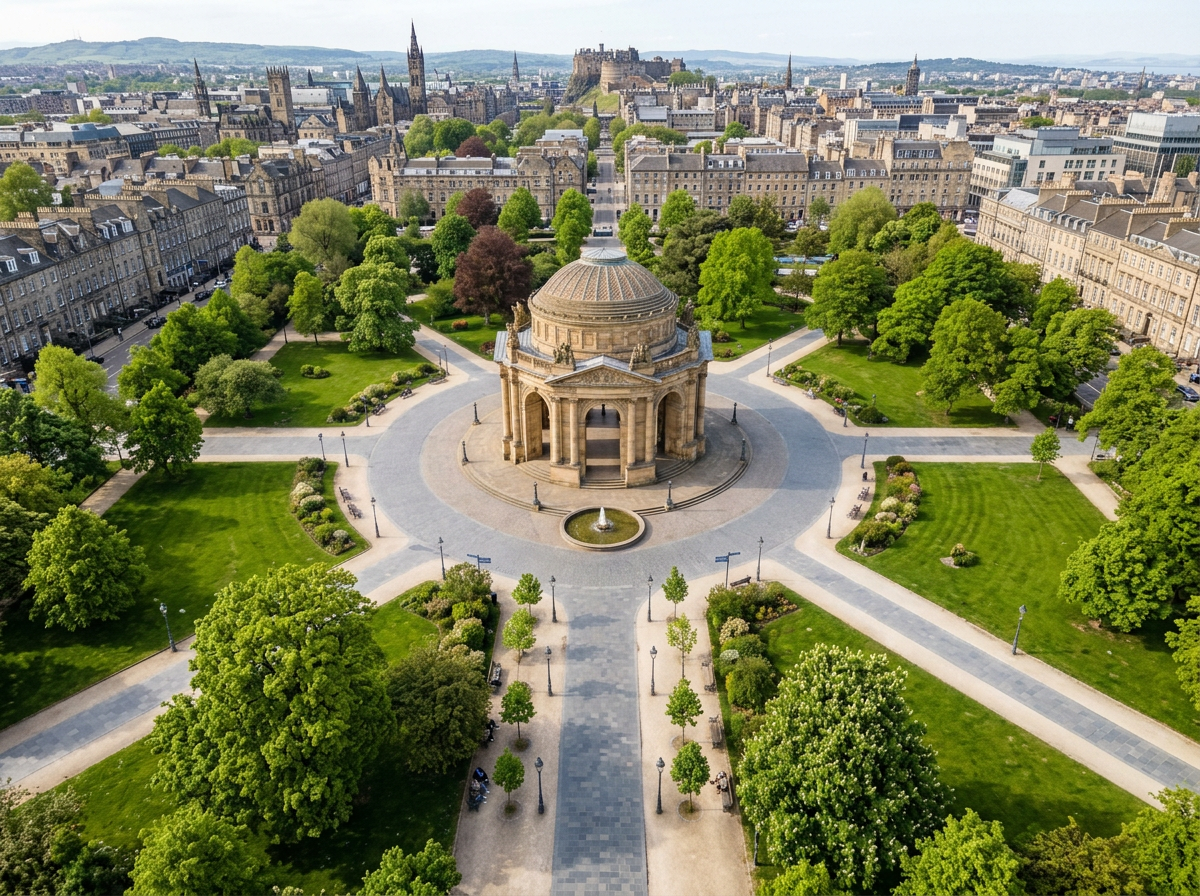 Historic pavilion with dome surrounded by trees and people walking in Edinburgh park