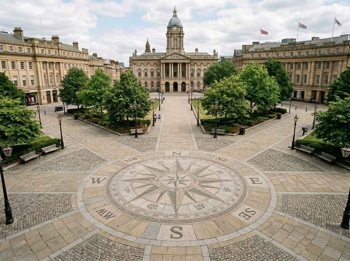 Large compass rose plaza with people walking and historic town hall in background