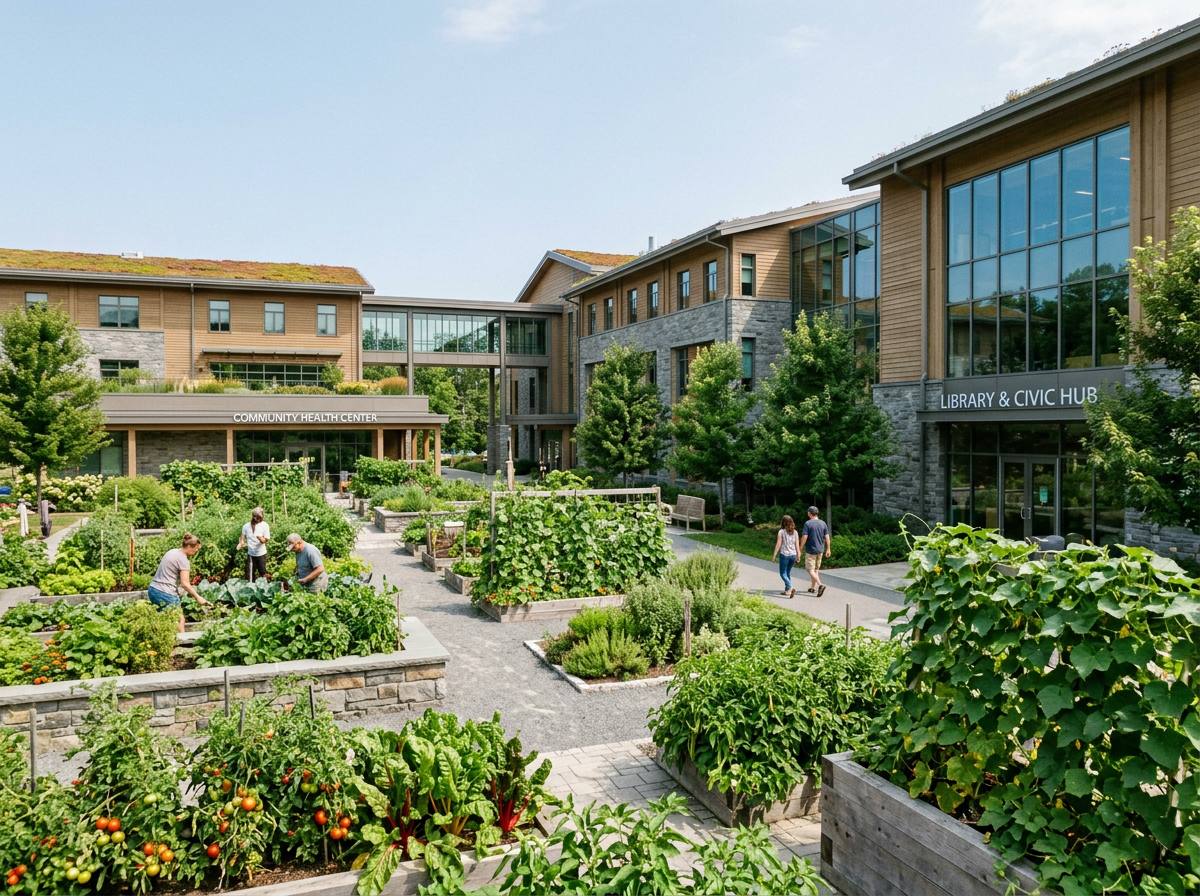 Flourishing vegetable tree garden with connected civic buildings