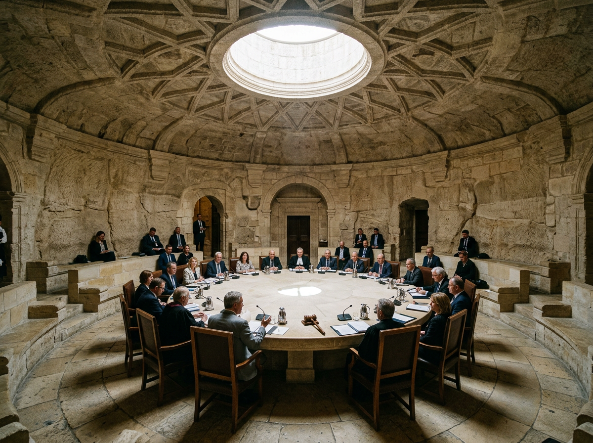 Group of officials seated around a large round table in a stone chamber with domed ceiling and skylight