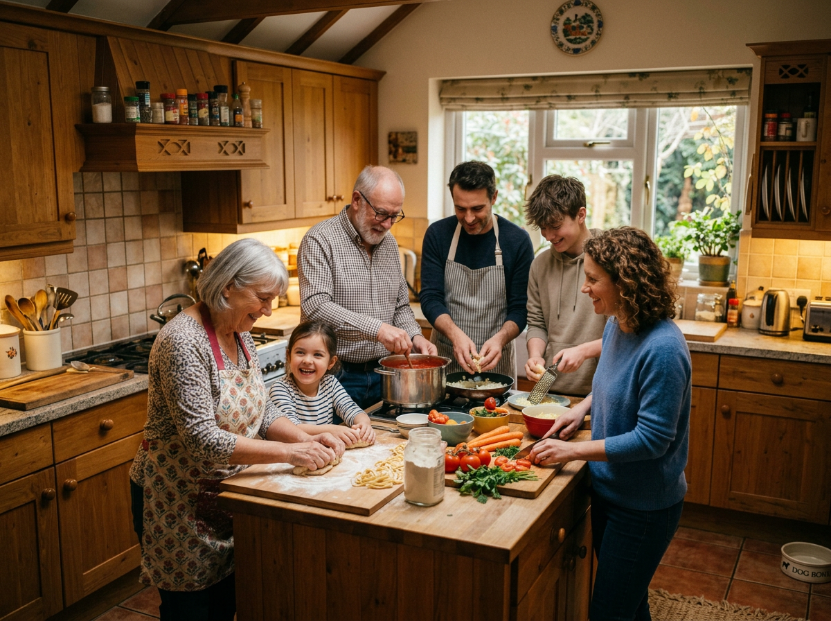 Family of three generations cooking and preparing food in kitchen