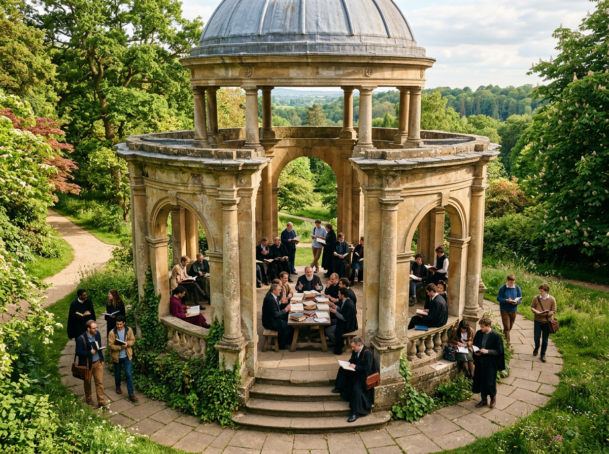Group of scholars and students studying in a circular stone pavilion outdoors