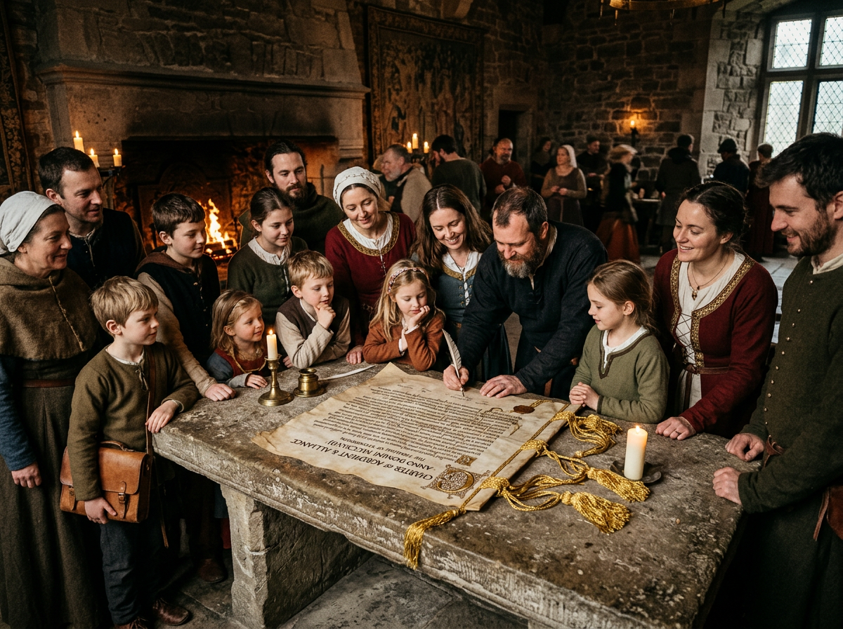 Medieval people in period clothing watching a man sign a large parchment on a stone table.