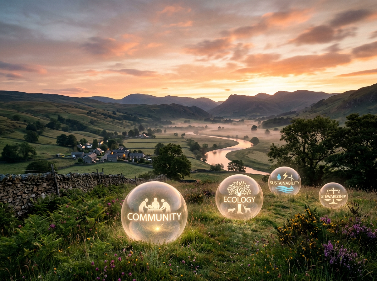 Photographic dawn landscape with harmonious responsibility spheres