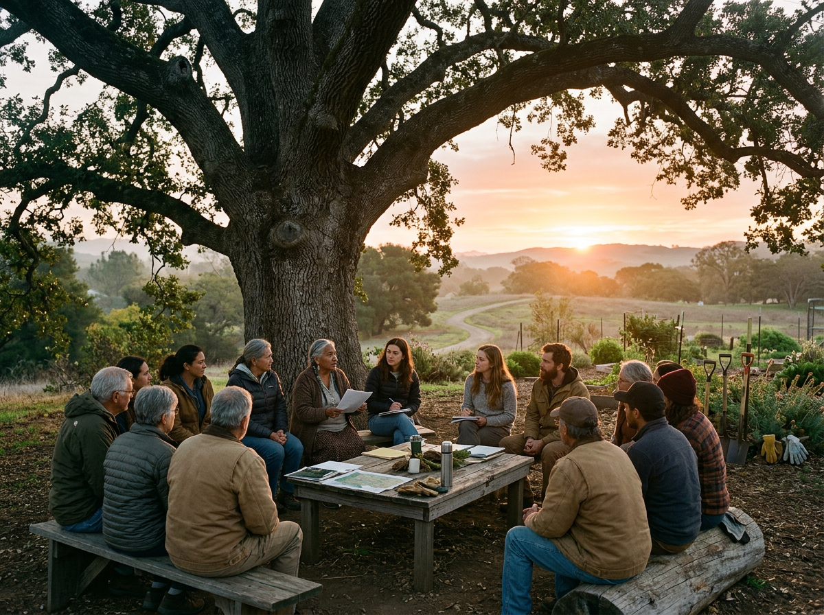 Group of people sitting outdoors around a table under a large tree at sunset