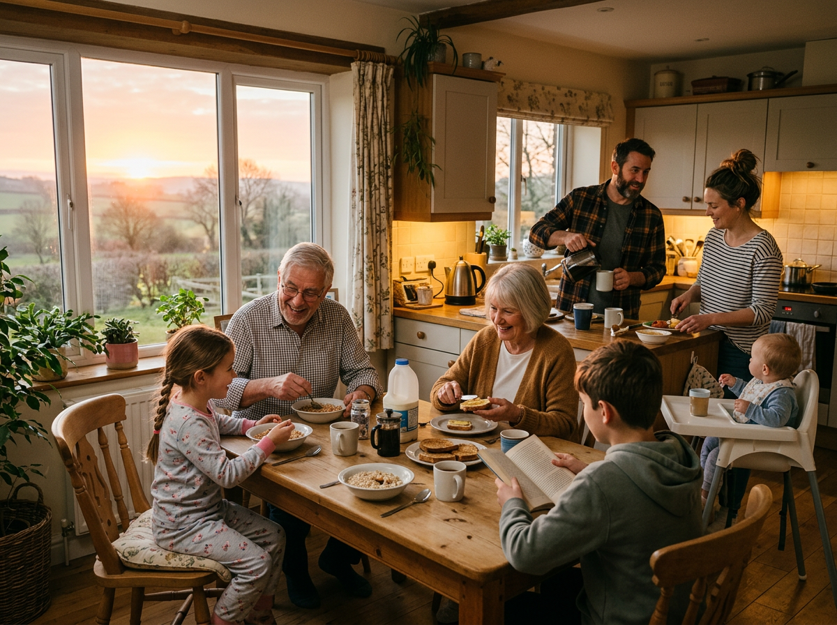 Family having breakfast together in a kitchen with a sunrise view