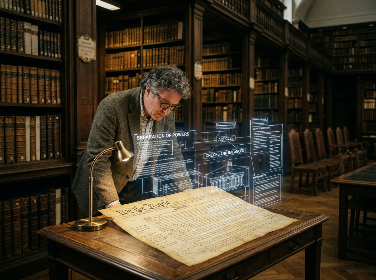 Researcher examining the Constitution with holographic diagrams showing separation of powers and checks and balances