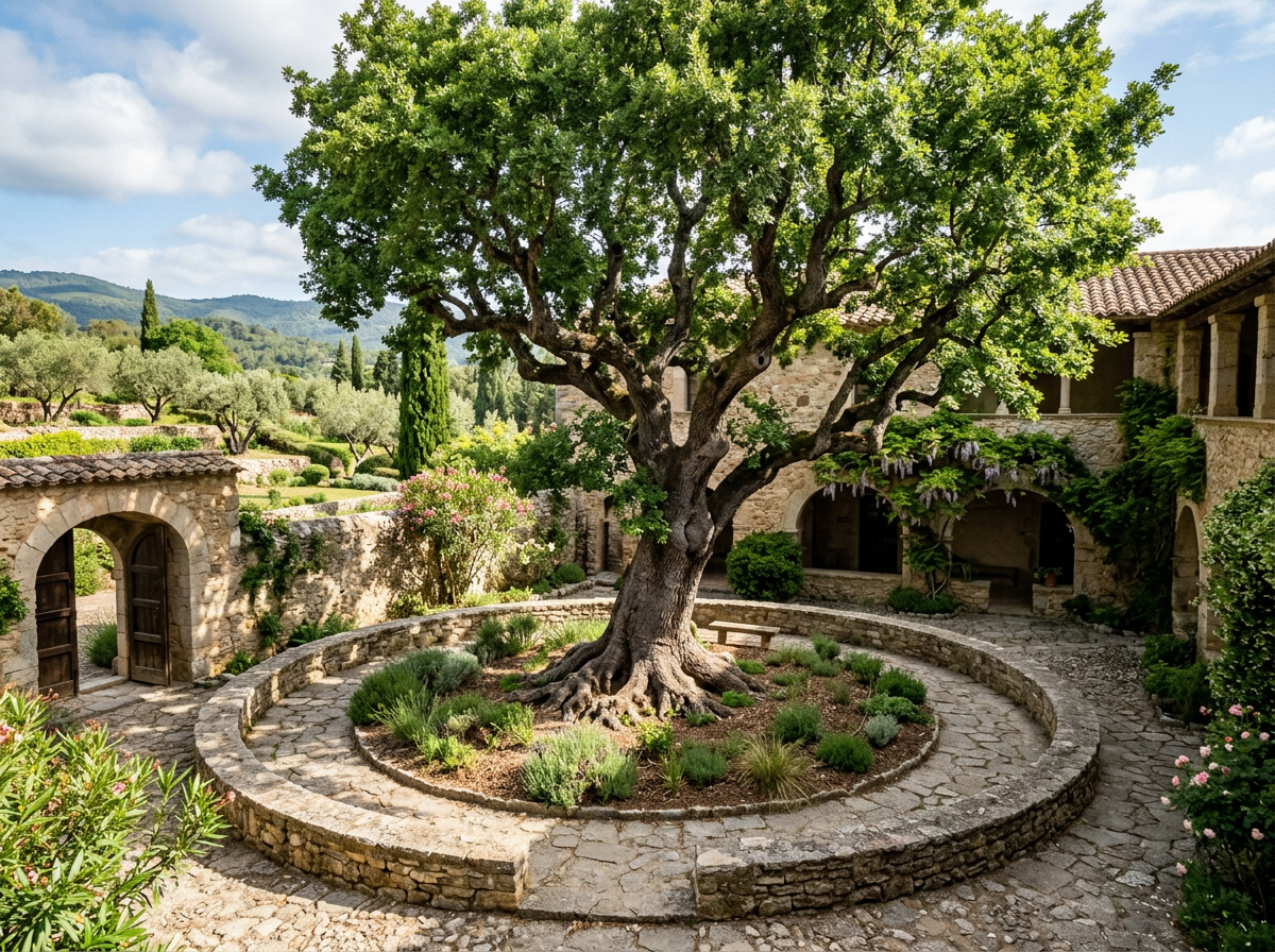 Large old tree in the center of a circular stone-edged garden within a historic courtyard
