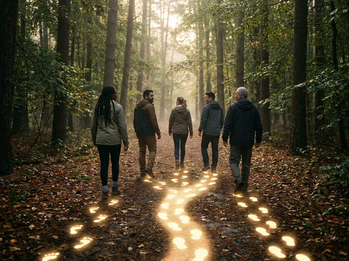 Five people walking on a forest trail with glowing footprints on the ground
