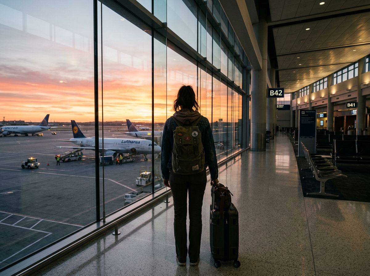 Traveler with backpack and suitcase looking out airport window at parked airplanes and sunset