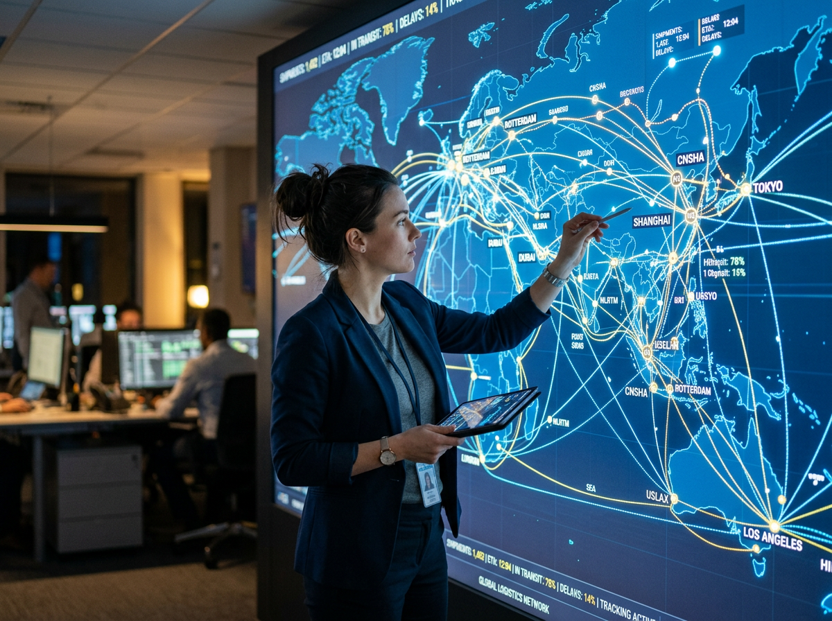 Woman pointing to global logistics routes on a large digital world map