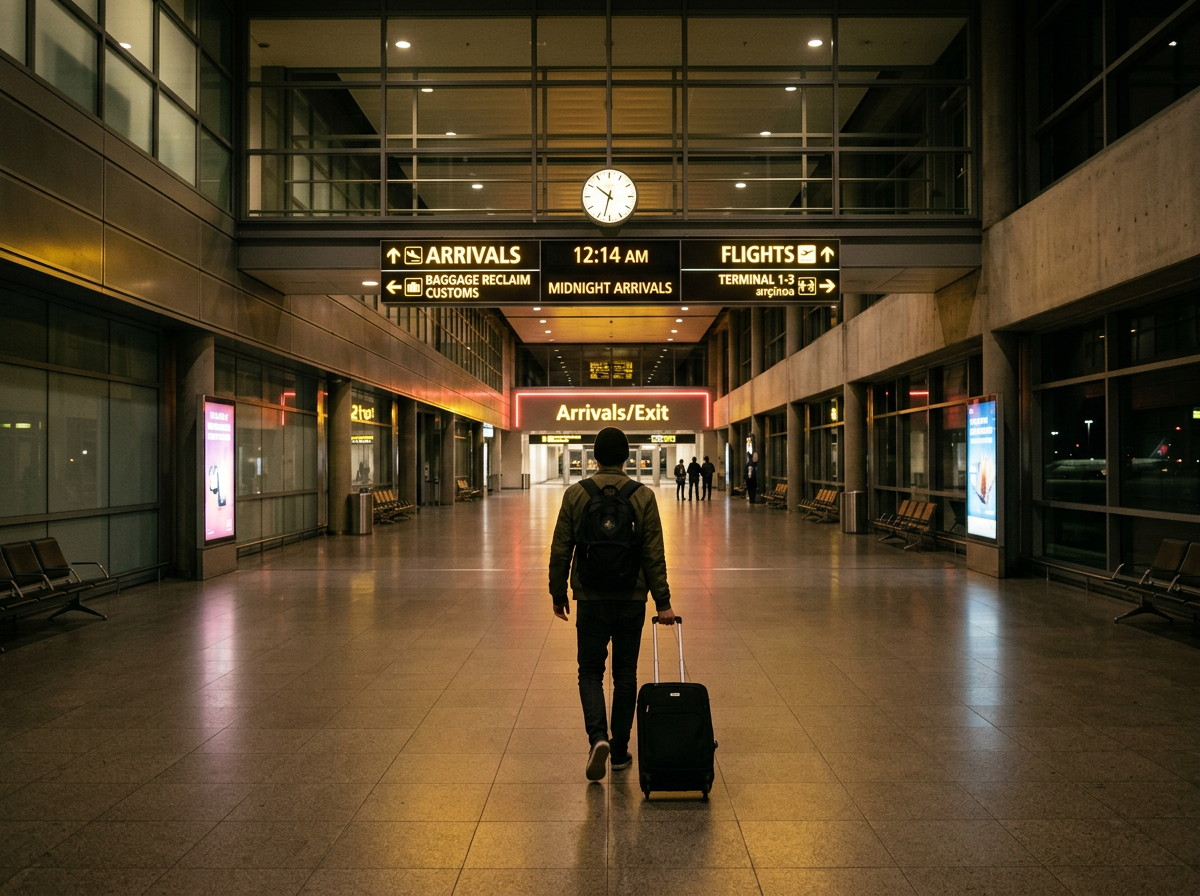 Person with suitcase walking toward airport arrivals and exit signs at 12:14 AM
