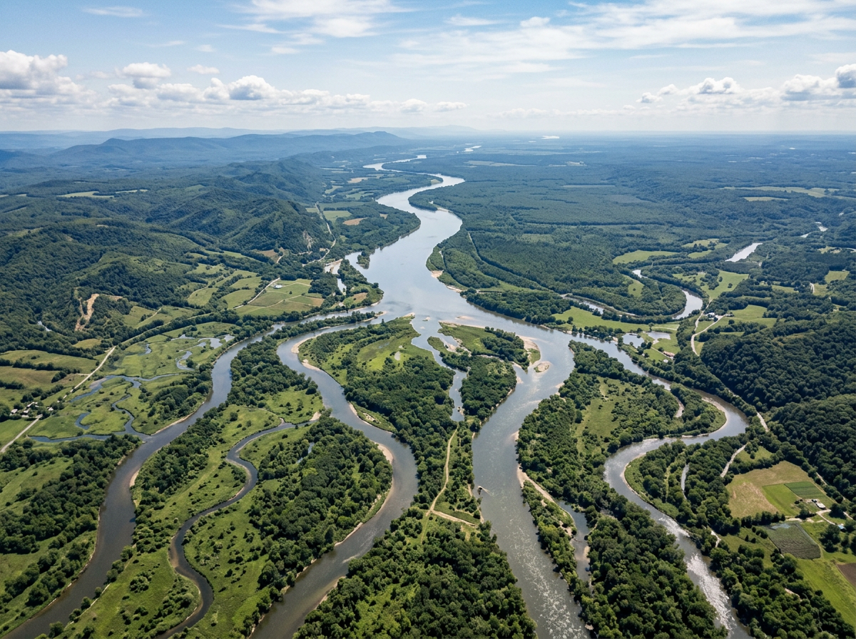 A meandering river cutting through green forest and fields in a wide valley