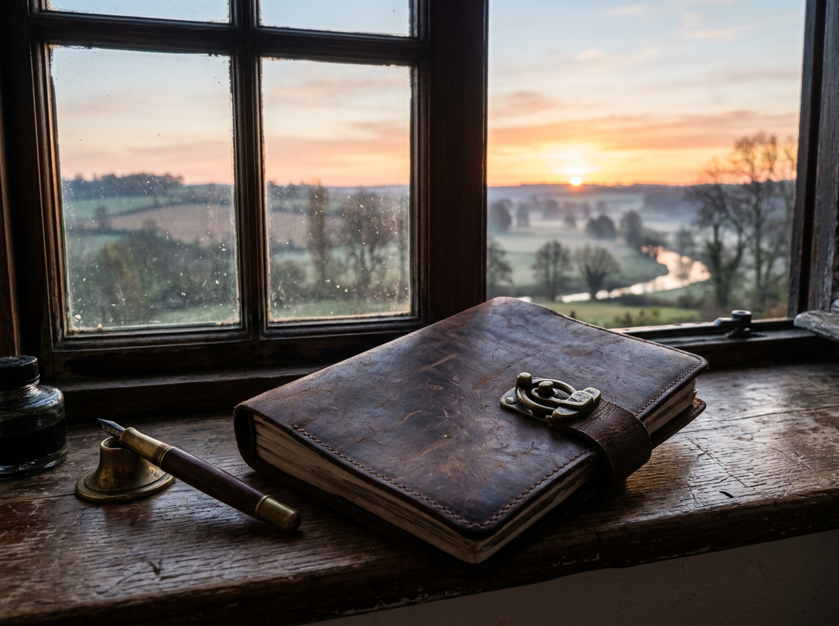 Leather journal with clasp and fountain pen on wooden windowsill at sunrise