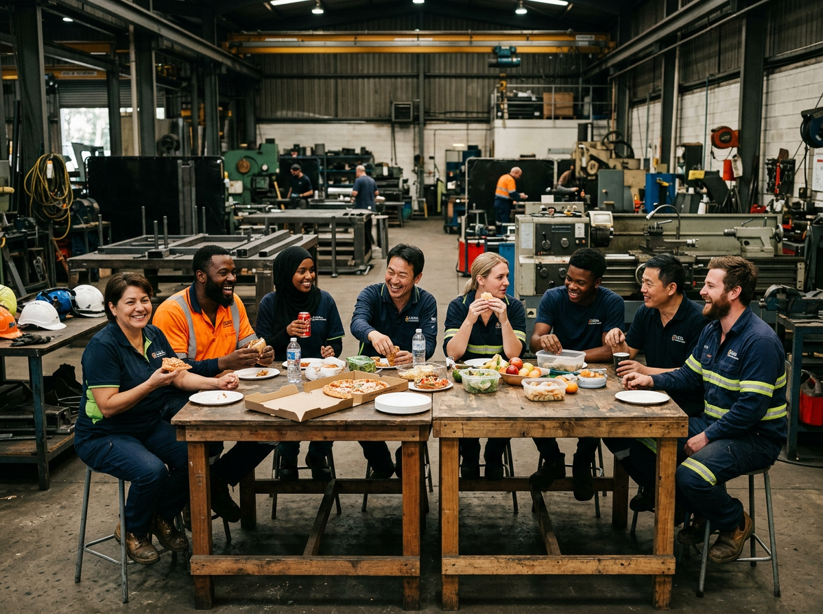 A group of industrial workers eating pizza and other food around wooden tables inside a workshop