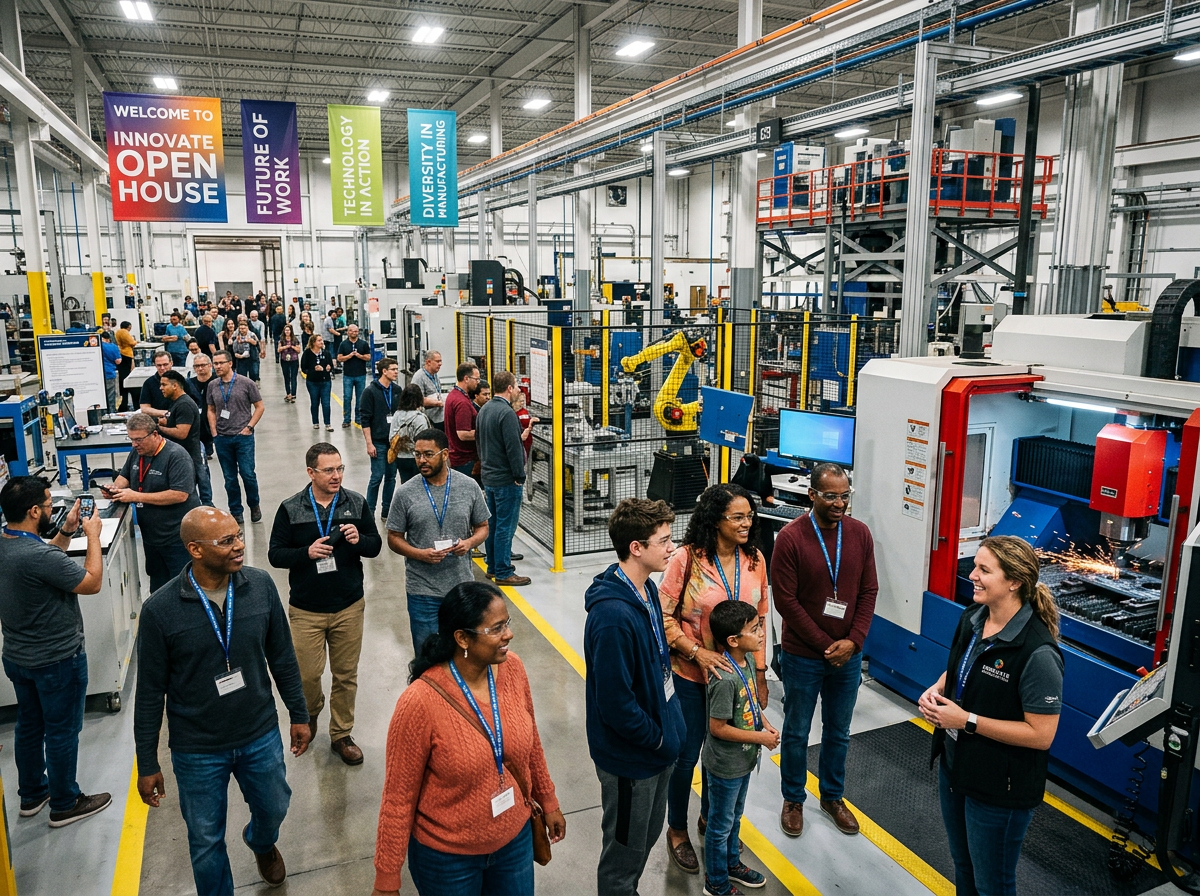 Group of people touring a manufacturing facility with machines and robotic arm.