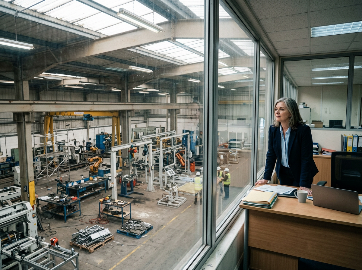 Female supervisor standing by office window overlooking factory floor with machinery and workers
