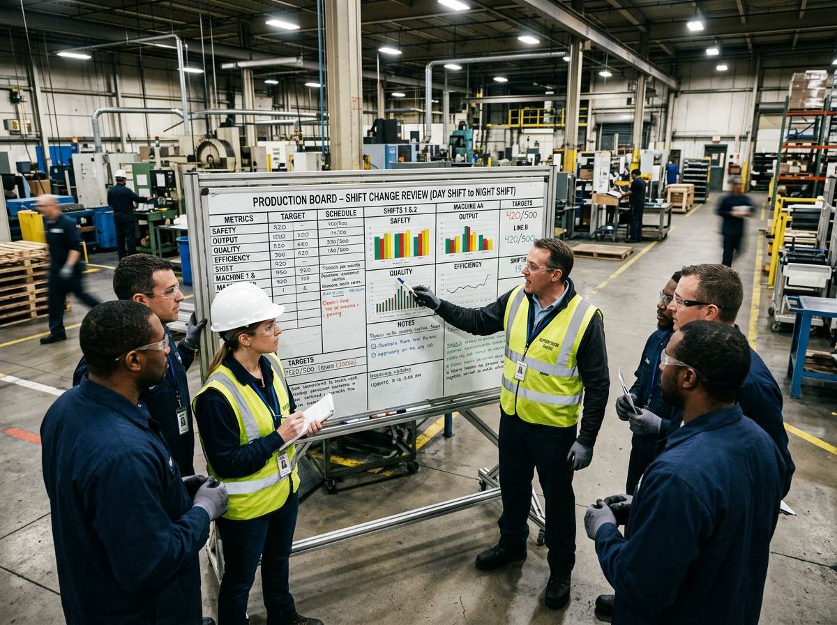 Group of factory workers reviewing production metrics on a whiteboard during shift change