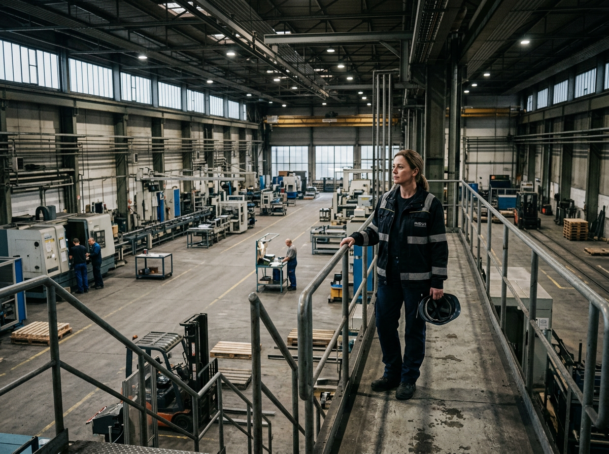 Person in safety jacket holding helmet, overlooking factory floor with machinery