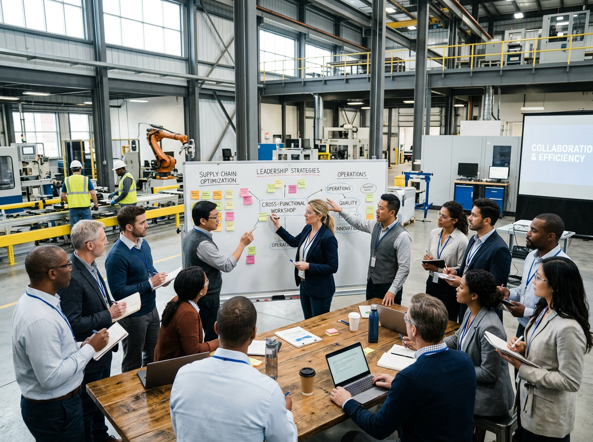 Team discussing leadership strategies and operations during workshop in industrial setting