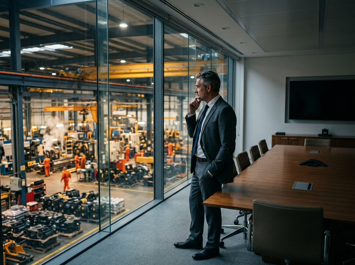 Man in suit watching factory floor through large glass window