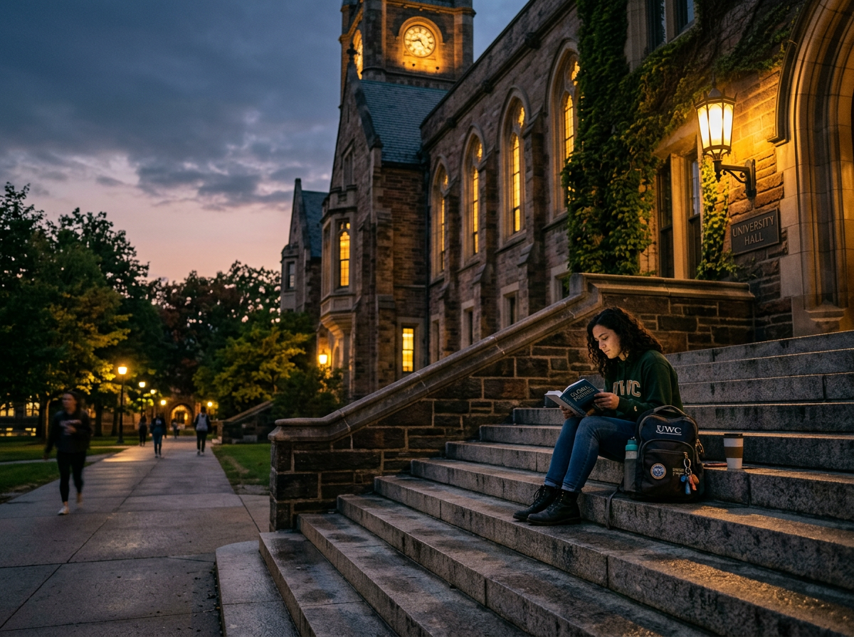 Student reading book on steps of University Hall at dusk