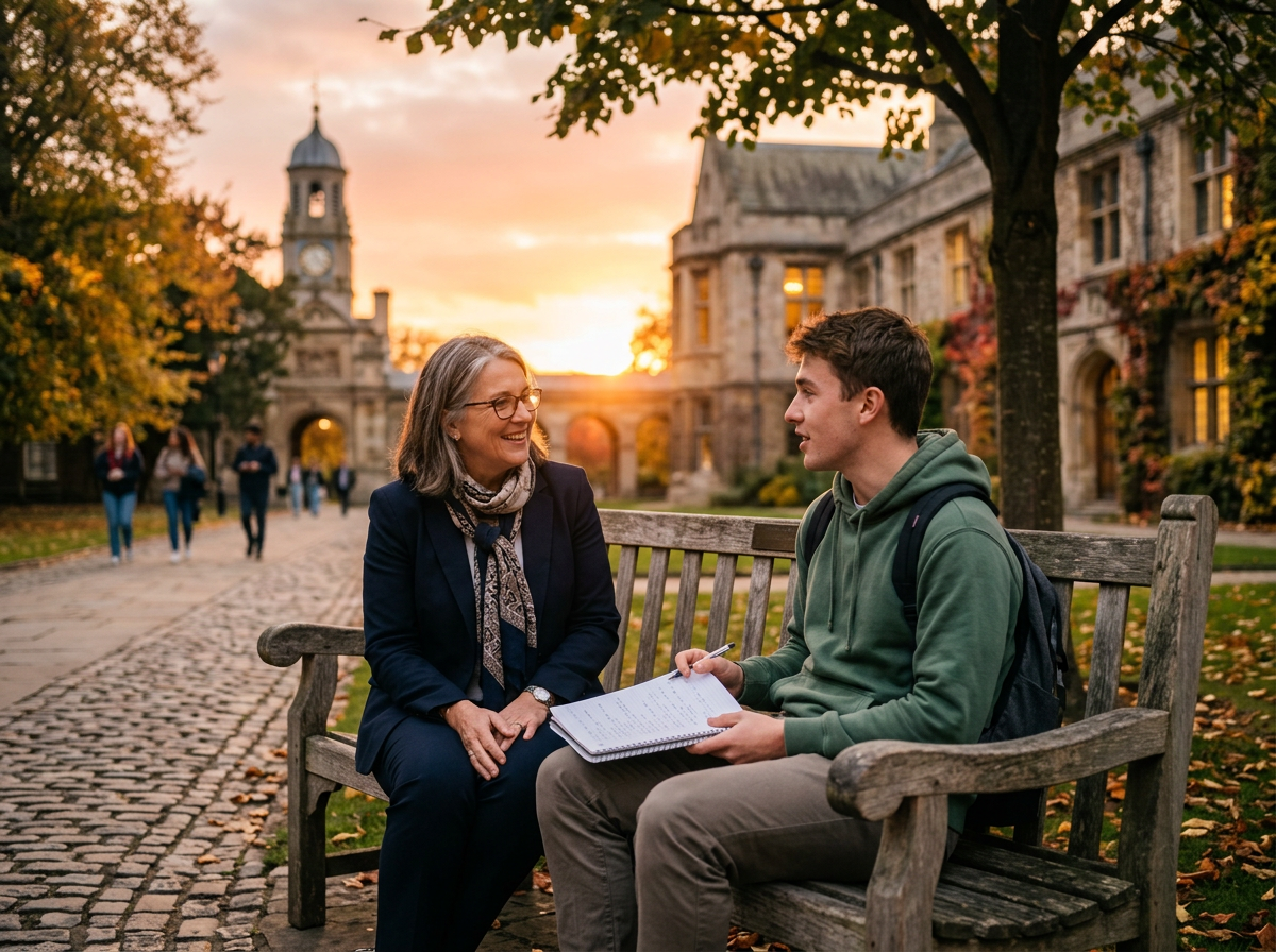 Student and mentor talking on a university bench with notes during sunset