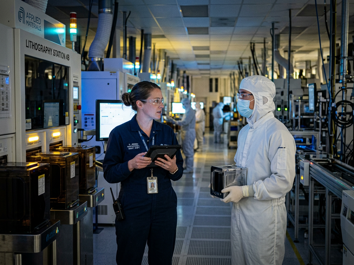 Two workers in a semiconductor cleanroom discussing equipment, one in blue coveralls and another in full white cleanroom suit holding a component