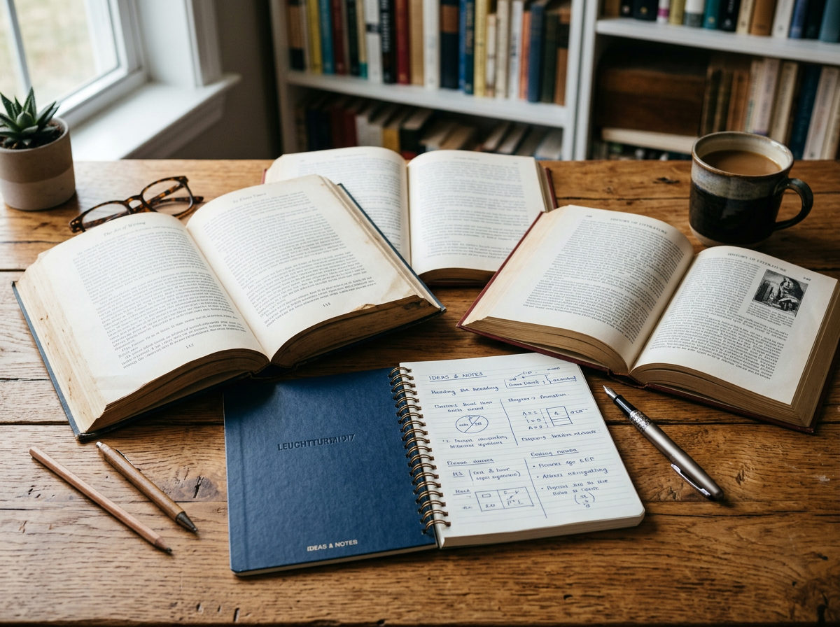Open books, notebook with written notes, pen, pencils, eyeglasses, and coffee cup on wooden table