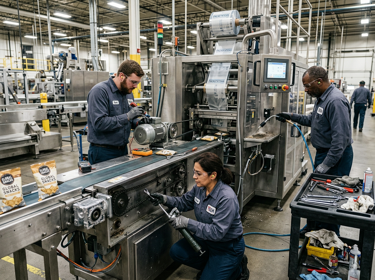 Three technicians performing maintenance on packaging machinery