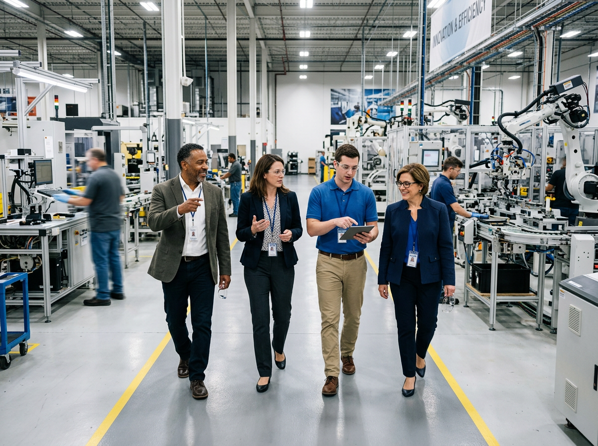 Four professionals walking in a manufacturing plant discussing data on a tablet with automated machinery around them